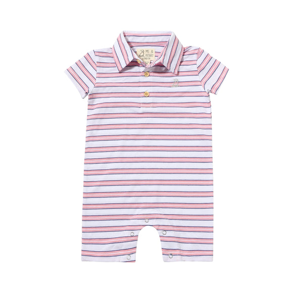 Me & Henry Drift Polo Romper - Pink/Navy/White