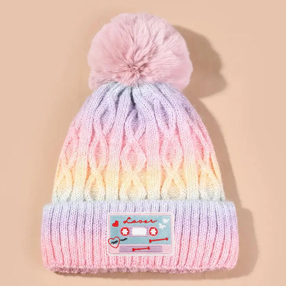 Forever Run Wild Lover Patch Pastel Tie Dye Cable Knitted Pom Pom Beanie