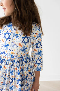 Mila & Rose - Happy Hanukkah 3/4 Sleeve Pocket Twirl Dress