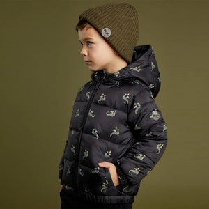 Miles The Label - Dragon Print on Black Hooded Packable